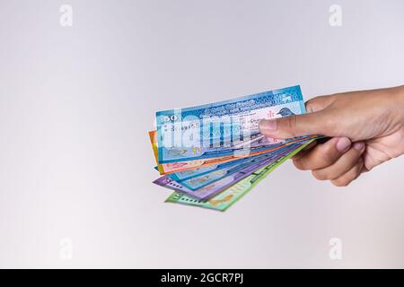 Sri Lanka Rupees Banknoten in weiblicher Hand. Frauenhände zeigen Sri Lanka Ruppie Geld. Mädchen Hände halten Geld von Sri Lanka. Asiatische Währung. Nahaufnahme Stockfoto