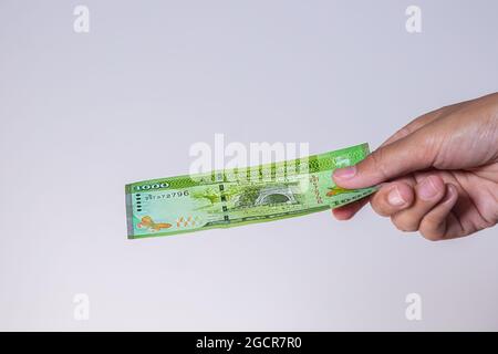 Sri Lanka Rupees Banknoten in weiblicher Hand. Frauenhände zeigen Sri Lanka Ruppie Geld. Mädchen Hände halten Geld von Sri Lanka. Asiatische Währung. Nahaufnahme Stockfoto