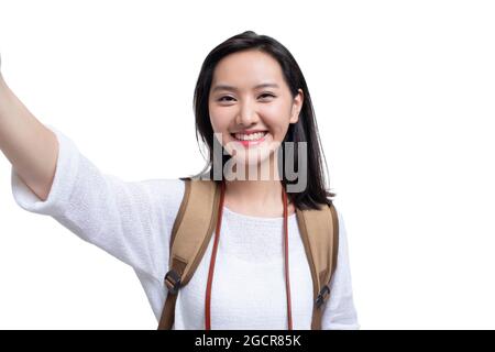 Glückliche junge Frau, die selfie Stockfoto