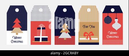 Winter nd weihnachten Sale Tags in flachen einfachen reometrischen Stil. Design-Vorlagen. Frohe Weihnachten und ein glückliches neues Jahr Stock Vektor