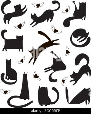 Trendige Vektor-Set von freihändig gezeichneten Katzenformen für Druck, Textil, T-Shirts, Karten, Aufkleber, Poster. Illustration von schwarz-weißen Kätzchen, die schlafen, spielen, Rennen und Herzen mit Flügeln. Stock Vektor