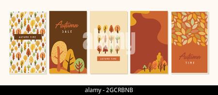 Herbstlandschaften, vertikale Banner und Wallpaper für Social-Media-Geschichten. Vektor-Illustration im flachen einfachen Stil - Design-Vorlagen mit Platz für Stock Vektor