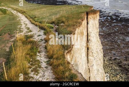 Eastbourne, East Sussex, Großbritannien. August 2021. Weitere Klippenstürze scheinen unmittelbar bevorstehend, nachdem die exeptional Regen die hohe Porosität Kreide mildert. Ausfahrende Risse sind aufgrund der Grasbedeckung oben nicht sichtbar. Dieses Bild, 100 Meter östlich des jüngsten großen Falls nahe der Belle Tout, zeigt eine massive Säule, die noch immer an der Säule hängt. Kredit: David Burr/Alamy Live Nachrichten Stockfoto