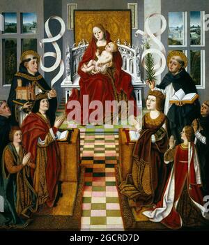 Spanien: "Madonna der Katholischen Könige". Tempera auf Tafelbild von Fernando Gallego (1440-1507) von Isabella I. von Kastilien, c. 1490. Isabella I. (spanisch: Isabel I., Ysabel, als Elisabeth anglikiert) (22. April 1451 – 26. November 1504) war Königin von Kastilien und Leon. Sie und ihr Ehemann Ferdinand II von Aragon brachten Stabilität in beide Königreiche, die die Grundlage für die Vereinigung Spaniens wurde. Später legten die beiden unter ihrem Enkel Karl V., dem Heiligen Römischen Kaiser, den Grundstein für die politische Vereinigung Spaniens. Stockfoto