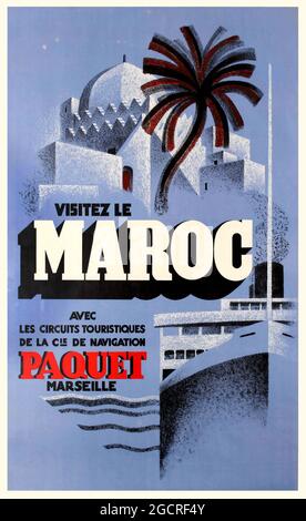 MAROC – Vintage Reiseposter Marocco, Afrika, Retro-Werbung für Reisen nach Afrika. Visitez le Maroc. 1933. Besuchen Sie Marokko. Stockfoto