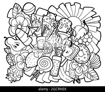 Sommer Vibes Färbung Seite. Sonne, Eis und Obst kritzeln. Stock Vektor