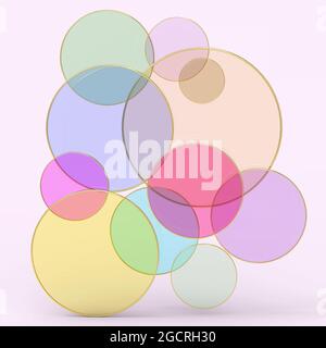 Mehrfarbige Glaskreise auf dem rosa. Geometrische Abstraktion, 3d-Rendering-Illustration, schönes abstraktes Design für Handy-Hintergrund, Tapete o Stockfoto