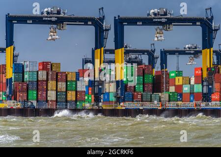 Global Supply Chains - Container am Hafen von Felixstowe UK bei stürmischem Wetter. Engpässe In Der Globalen Lieferkette. Stockfoto