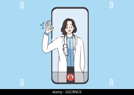 Virtueller Arzt und Online-Gesundheitskonzept. Junge lächelnde Frau Arzt in weißer Uniform stehend zeigt ok Zeichen von Smartphone-Bildschirm eHealth und telemedizinische Vektor Illustration Stock Vektor