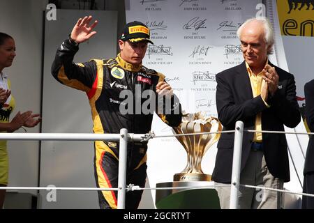 Kimi Räikkönen (FIN) Lotus F1 Team feiert seinen zweiten Platz auf dem Podium. Großer Preis von Ungarn, Sonntag, 29. Juli 2012. Budapest, Ungarn. Stockfoto