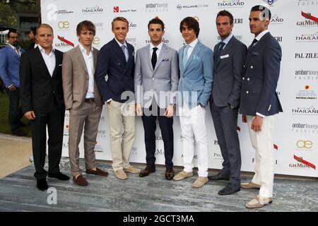 (L bis R): Valtteri Bottas (FIN) Williams; Charles Pic (FRA) Caterham; Max Chilton (GBR) Marussia F1 Team; Jules Bianchi (FRA) Marussia F1 Team; Esteban Gutierrez (MEX) sauber; Giedo van der Garde (NLD) Caterham F1 Team; Adrian Sutil (GER) Sahara Force India F1 Show, auf der Amber Lounge. Großer Preis von Monaco, Freitag, 24. Mai 2013. Monte Carlo, Monaco. Stockfoto