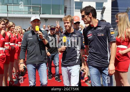 (L bis R): Nico Rosberg (GER) Mercedes AMG F1, Sebastian Vettel (GER) Red Bull Racing, Jenson Button (GBR) McLaren und Mark Webber (AUS) Red Bull Racing auf der Fahrerparade. Großer Preis von Deutschland, Sonntag, 7. Juli 2013. Nürburgring, Deutschland. Stockfoto