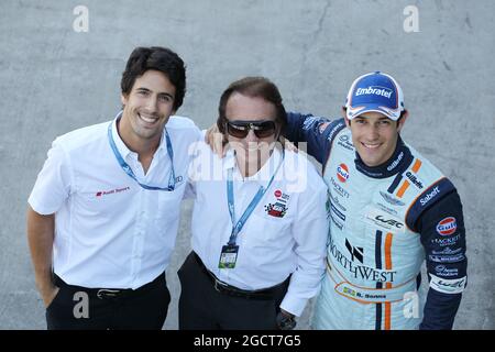 (L bis R): Lucas di Grassi (BH) mit Emerson Fittipaldi (BH) und Bruno Senna (BH) Aston Martin. FIA-Langstrecken-Weltmeisterschaft, Runde 4, Freitag, 30. August 2013. Sao Paulo, Brasilien. Stockfoto