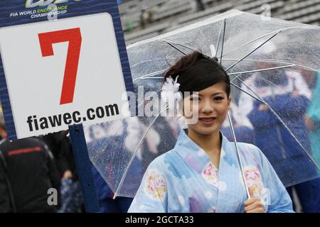 Gittertes Mädchen. FIA-Langstrecken-Weltmeisterschaft, Runde 6, Sonntag, 20. Oktober 2013. Sechs Stunden Fuji, Fuji, Japan. Stockfoto