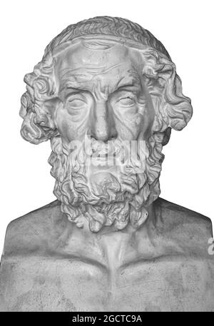 Gipskopie der alten Statue Homer Kopf isoliert auf weißem Hintergrund. Gips Skulptur Mann Gesicht Stockfoto