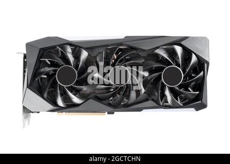 Obere Grafikkarte mit Lüfter. Gaming-Grafikkarte für Videospiele und Kryptowährungen-Mining. Game-Grafikkarte auf weißem Hintergrund isoliert. Elektronische geräte Stockfoto