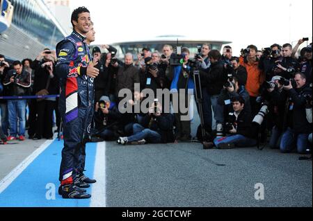 Daniel Ricciardo (AUS) Red Bull Racing bei der Vorstellung des neuen Red Bull Racing RB10. Formel-1-Tests, erster Tag, Dienstag, 28. Januar 2014. Jerez, Spanien. Stockfoto