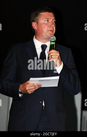 David Croft (GBR) Sky Sports Kommentator bei der Amber Lounge Fashion Show. Großer Preis von Monaco, Freitag, 23. Mai 2014. Monte Carlo, Monaco. Stockfoto