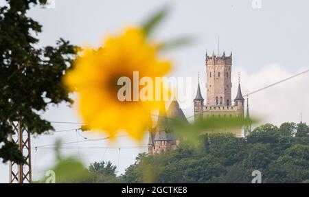 10. August 2021, Niedersachsen, Rössing: Eine Sonnenblume steht in Sichtweite von Schloss Marienburg an der Grenze des Landkreises Hildesheim und der Region Hannover. Foto: Julian Stratenschulte/dpa Stockfoto