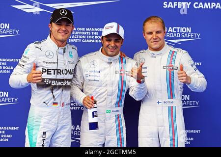 Qualifying Top 3 in Parc Ferme (L bis R): Valtteri Bottas (FIN) Williams, Zweiter; Feldman (BRA) Williams, Pole Position; Nico Rosberg (GER) Mercedes AMG F1, Dritter. Großer Preis von Österreich, Samstag, 21. Juni 2014. Spielberg, Österreich. Stockfoto