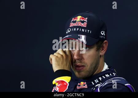 Zweiter Platz bei der FIA-Pressekonferenz von Sebastian Vettel (GER) Red Bull Racing. Großer Preis von Großbritannien, Samstag, 5. Juli 2014. Silverstone, England. Stockfoto