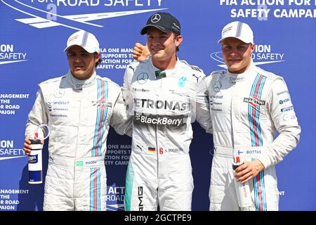 Qualifying Top 3 in Parc Ferme (L bis R): Feldfeld Massa (BH) Williams, Dritter; Nico Rosberg (GER) Mercedes AMG F1, Pole Position; Valtteri Bottas (FIN) Williams, Zweiter. Großer Preis von Deutschland, Samstag, 19. Juli 2014. Hockenheim, Deutschland. Stockfoto