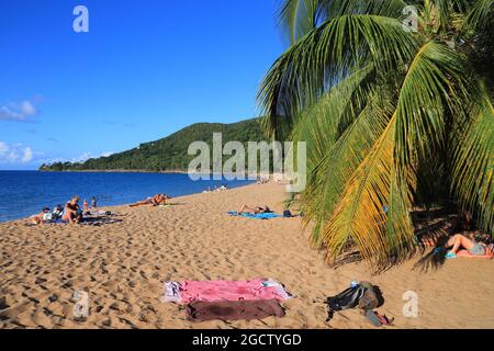 GUADELOUPE, FRANKREICH - 30. NOVEMBER 2019: Die Menschen verbringen einen Strandurlaub in Grande Anse auf der Insel Basse Terre. Guadeloupe hat jährlich 650,000 Besucher. Stockfoto