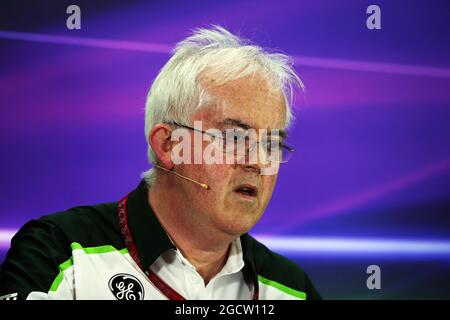 Finbarr O'Connell, Caterham F1 Team Administrator bei der FIA Pressekonferenz. Abu Dhabi Grand Prix, Freitag, 21. November 2014. Yas Marina Circuit, Abu Dhabi, VAE. Stockfoto