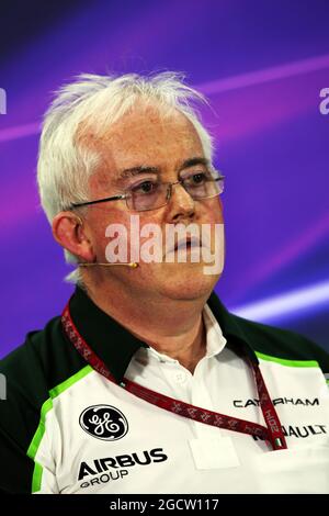 Finbarr O'Connell, Caterham F1 Team Administrator bei der FIA Pressekonferenz. Abu Dhabi Grand Prix, Freitag, 21. November 2014. Yas Marina Circuit, Abu Dhabi, VAE. Stockfoto