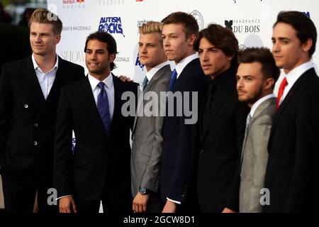 Fahrer der Amber Lounge Fashion Show (L bis R): Nico Hulkenberg (GER) Sahara Force India F1; Filipan Nasr (BH) sauber F1 Team; Marcus Ericsson (SWE) sauber F1 Team; Daniil Kvyat (RUS) Red Bull Racing; Roberto Merhi (ESP) Manor Marussia F1 Team; will Stevens (GBR) Manor Marussia F1 Team; Esteban Gutierrez (MEX) Ferrari Test- und Reservefahrer. Großer Preis von Monaco, Freitag, 22. Mai 2015. Monte Carlo, Monaco. Stockfoto