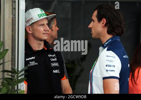 (L bis R): Nico Hulkenberg (GER) Sahara Force India F1 mit Adrian Sutil (GER) Williams Reserve Driver. Großer Preis von Kanada, Freitag, 5. Juni 2015. Montreal, Kanada. Stockfoto