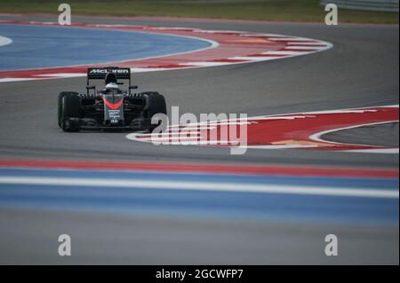 Fernando Alonso (ESP) McLaren MP4-30. Großer Preis der Vereinigten Staaten, Freitag, 23. Oktober 2015. Circuit of the Americas, Austin, Texas, USA. Stockfoto