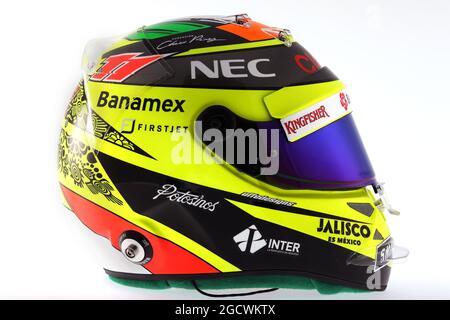 Der Helm von Sergio Perez (MEX) Sahara Force India F1. Formel-1-Tests, Tag 3, Donnerstag, 3. März 2016. Barcelona, Spanien. Stockfoto