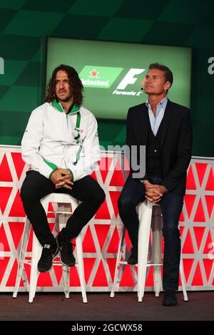 (L bis R): Carles Puyol (ESP) ehemaliger Fußballspieler und David Coulthard (GBR) Red Bull Racing und Scuderia Toro Advisor / Channel 4 F1 Kommentator, bei einer Heineken Sponsorenankündigung. Großer Preis von Kanada, Donnerstag, 9. Juni 2016. Montreal, Kanada. Stockfoto