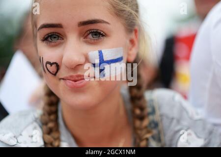 Finnischer Fan. Großer Preis von Ungarn, Sonntag, 24. Juli 2016. Budapest, Ungarn. Stockfoto