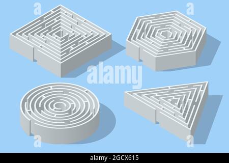 Isometrischer Satz von Labyrinturen in Form von Quadrat, Kreis, Sechseck und Dreieck. Stock Vektor