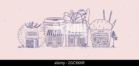 Satz von Schaufenstern Lebensmittelgeschäft, Café, Bäckerei, asiatische Lebensmittel Zeichnung mit blauer Farbe Stock Vektor