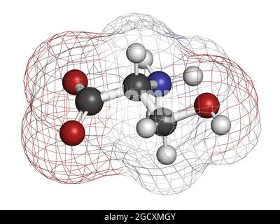 D-Serin-Aminosäuremolekül. Enantiomer von L-Serin. 3D-Rendering. Stockfoto