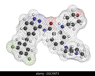 Entrectinib-Krebsmolekül. 3D-Rendering. Stockfoto