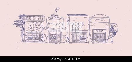 Satz von Schaufenstern Apotheke, Süßwaren, Buchladen, bar Zeichnung mit blauer Farbe Stock Vektor