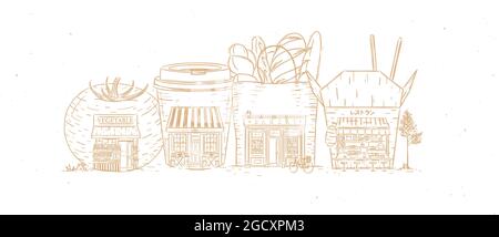 Satz von Schaufenstern Lebensmittelgeschäft, Café, Bäckerei, asiatische Lebensmittel Zeichnung mit beige Farbe Stock Vektor