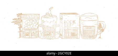 Satz von Schaufenstern Apotheke, Süßwaren, Buchhandlung, Bar Zeichnung mit beige Farbe Stock Vektor