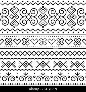 Slowakische Volkskunst Vektor nahtlose schwarze geometrische Muster mit inspiriert von traditionellen gemalten Häusern aus dem Dorf Cicmany in Zilina Region, Slov Stock Vektor