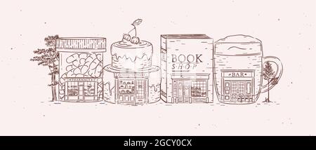 Satz von Schaufenstern Apotheke, Süßwaren, Buchladen, bar Zeichnung mit brauner Farbe Stock Vektor