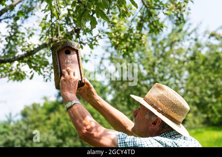 23. Juli 2021, Bayern, Hausen: Gelernter Steinmetz Adam Zentgraf untersucht ein Vogelhaus. Zentgraf begleitet die Besucher durch den Obstgarten-Lehrpfad in Hausen, der Modellgemeinde des UNESCO-Biosphärenreservats Rhön. (Zur dpa-Sommerreihe „Immaterielles Kulturerbe in Bayern“, Korr „Orchard Meadows – vergessene Paradises?“) Foto: Nicolas Armer/dpa Stockfoto