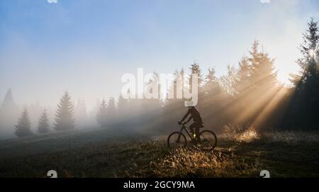 Mann im Radanzug Fahrrad fahren in der Nähe von Wald durch die Morgensonne beleuchtet. Der männliche Radfahrer trägt einen Schutzhelm, während er auf einem grasbewachsenen Hügel unterwegs ist Stockfoto