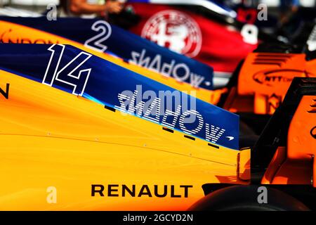 Motorabdeckung des McLaren MCL33. Großer Preis von Ungarn, Donnerstag, 26. Juli 2018. Budapest, Ungarn. Stockfoto