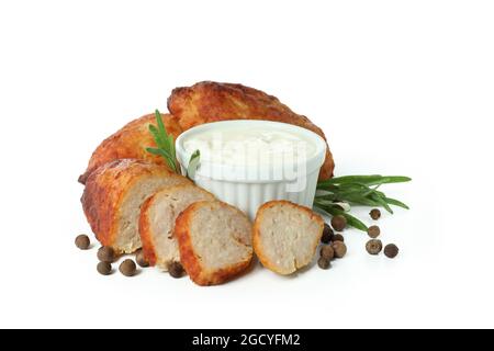 Koteletts und Gewürze isoliert auf weißem Hintergrund Stockfoto