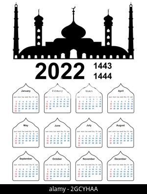 Hijri islamischer Kalender 2022. Von 1443 bis 1444, Vektor-muslimischen Kalender mit einer islamischen Moschee Woche beginnt am sonntag Stock Vektor