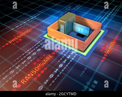 Workstation, die durch eine Wand vor Hacking-Angriffen geschützt ist. Digitale Illustration. Stockfoto